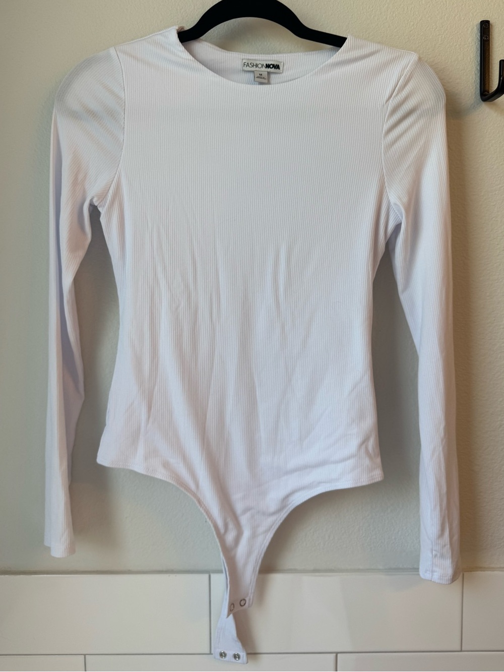Fashion Nova White Long Sleeve Ribbed Bodysuit